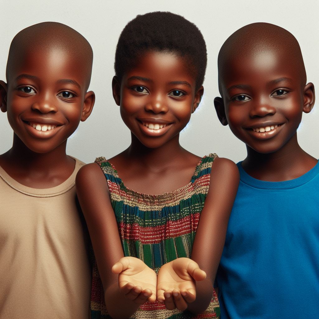 Three children smiling with the middle one stretching her hands in a bid for help.