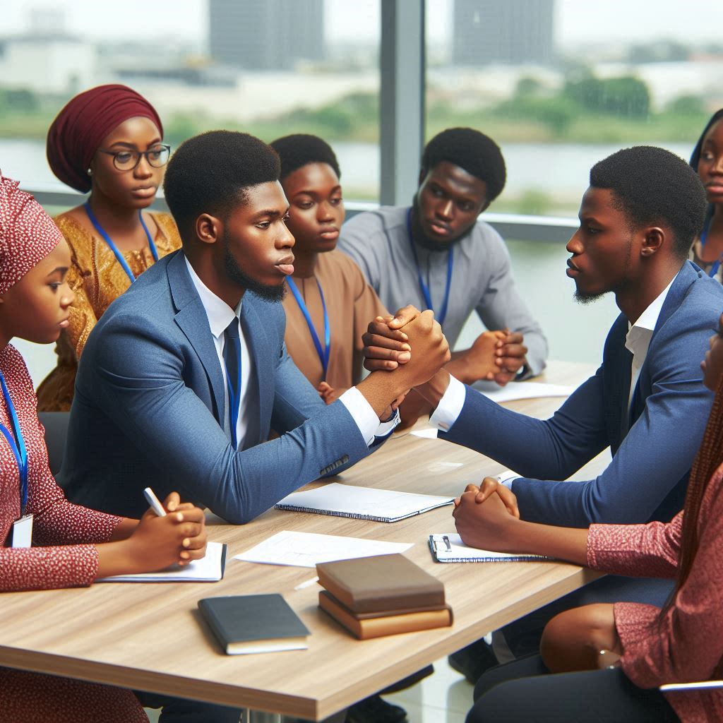 A group of young Nigerians participating in a GNPAI HIPIN workshop, practicing conflict resolution techniques