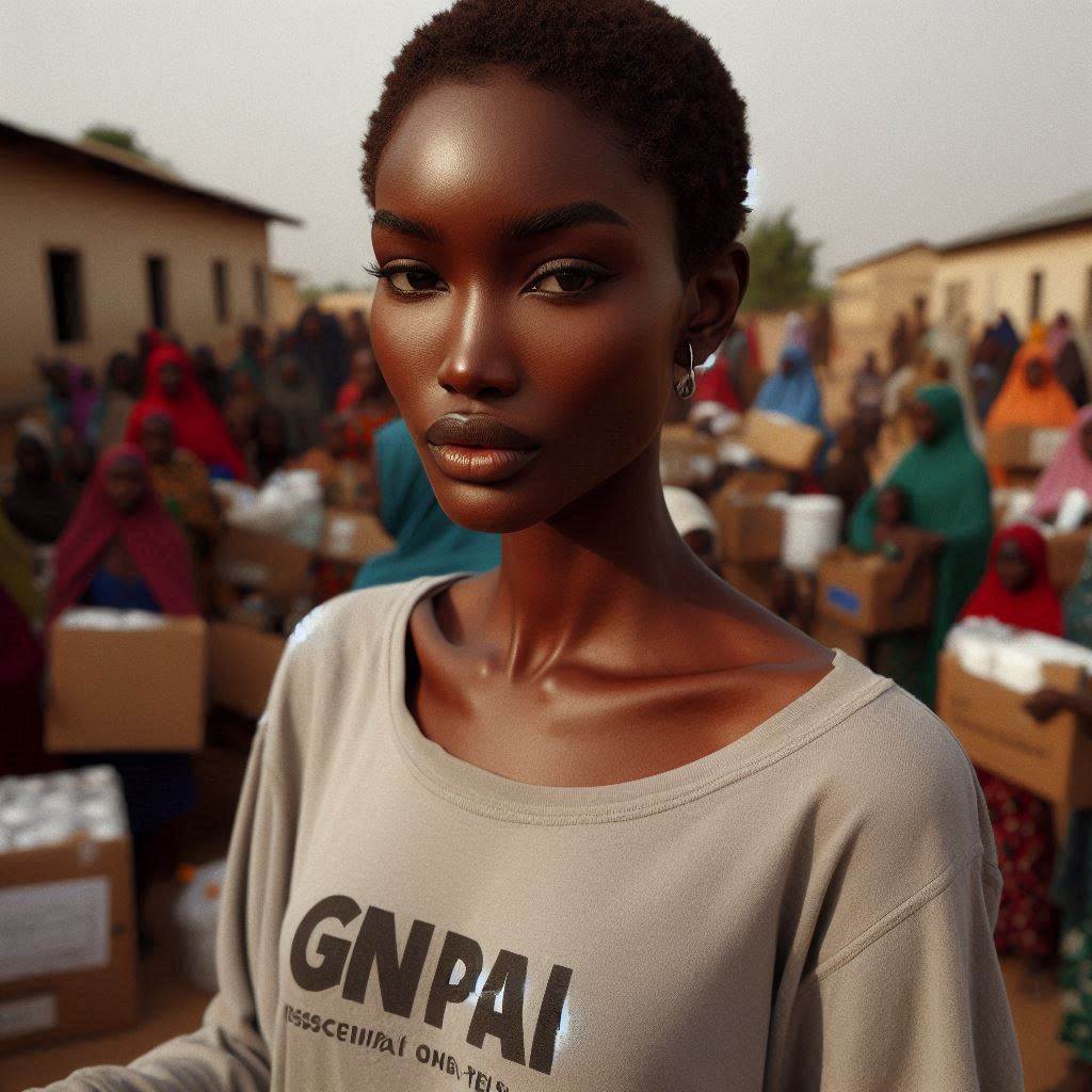 A GNPAI volunteer distributing essential supplies to families living in an IDP camp in Nigeria