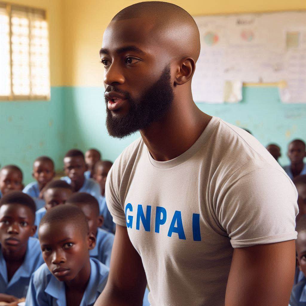 A GNPAI representative leading a discussion on peacebuilding in GNPAI schools program with a classroom of engaged Nigerian students in Nigeria.