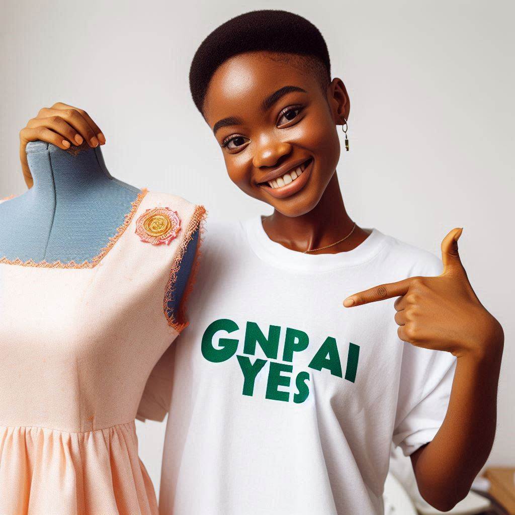 A young Nigerian woman proudly showing off a dress she made during a GNPAI YES training session